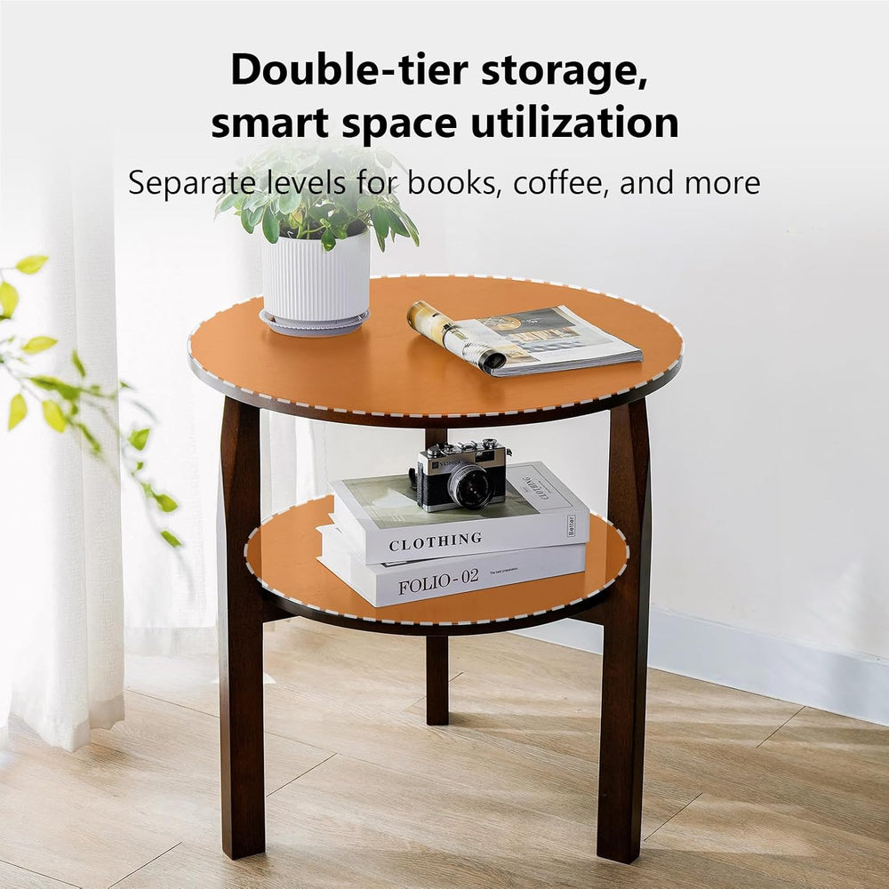 Round Side Table with 2-Tier Shelf Wood End Table | Mid Century Modern Accent...