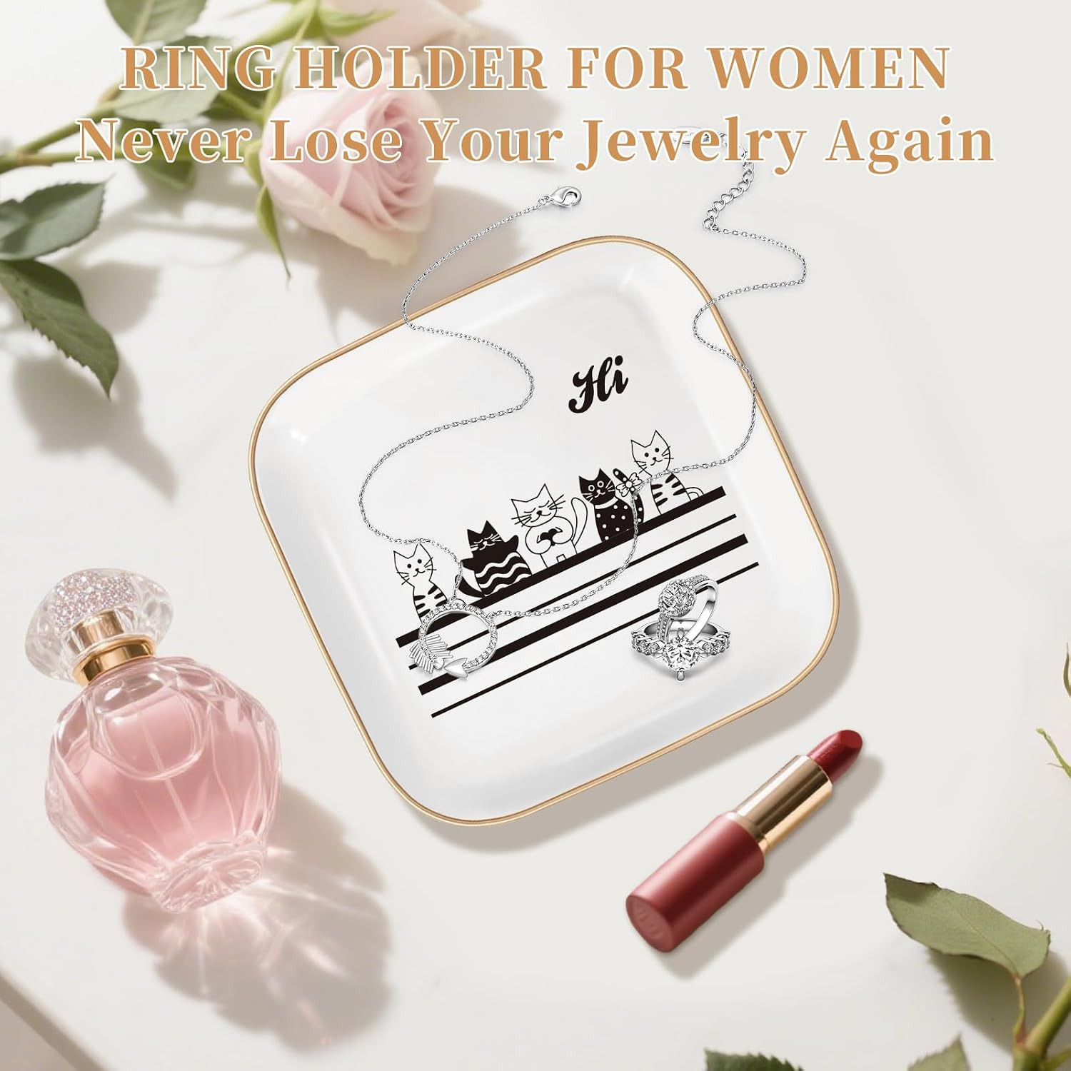 Cat Lover Jewelry Dish Tray Gifts for Women Sister Mom Friend Girls.Cat Ring Holder, Cute Ring Organizer for Birthdays Christmas (CAT)