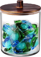 SheeChung 1 Pack 50 Oz Large Apothecary Jar with Wood Lid, Laundry Pods Container, Storage Jars for Bathroom Organization, Plastic Canisters with Cute Stickers Spoons(Dark Brown)