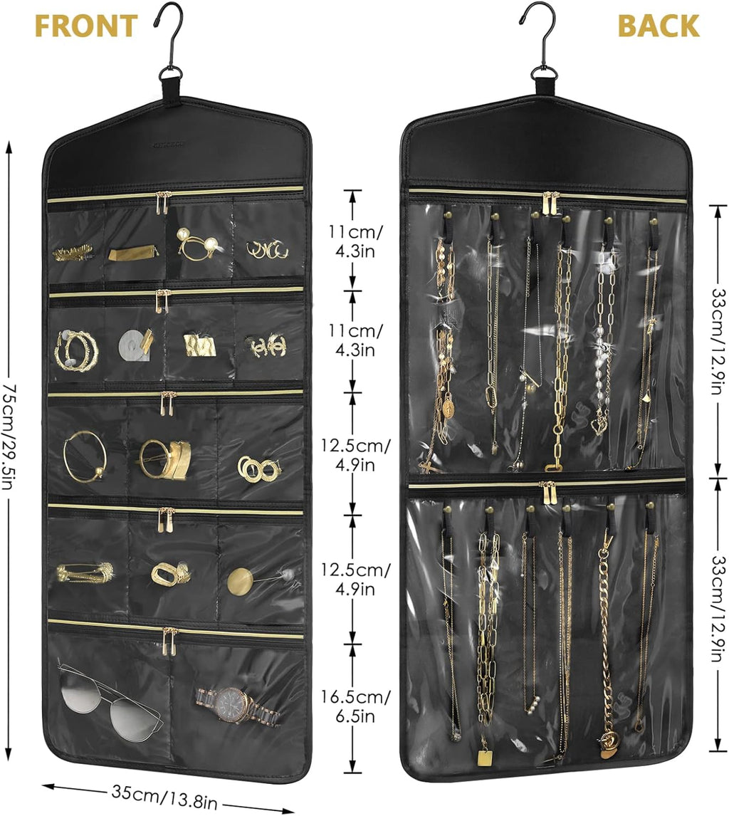 CHICECO Travel Jewelry Holder Organizer,Hanging Jewelry Organizer Storage With Zippered Pockets for Cloest,Wall,Door,Jewelry Holder for Earrings, Necklaces（Upgrade Black）