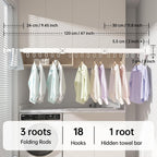 Abiglifty Clothes Drying Rack Wall Mounted, Laundry Drying Rack Collapsible, Foldable & Retractablewith 18 Hooks for Indoor/Outdoor Use inLaundry Room, Bathroom & Balcony (White)