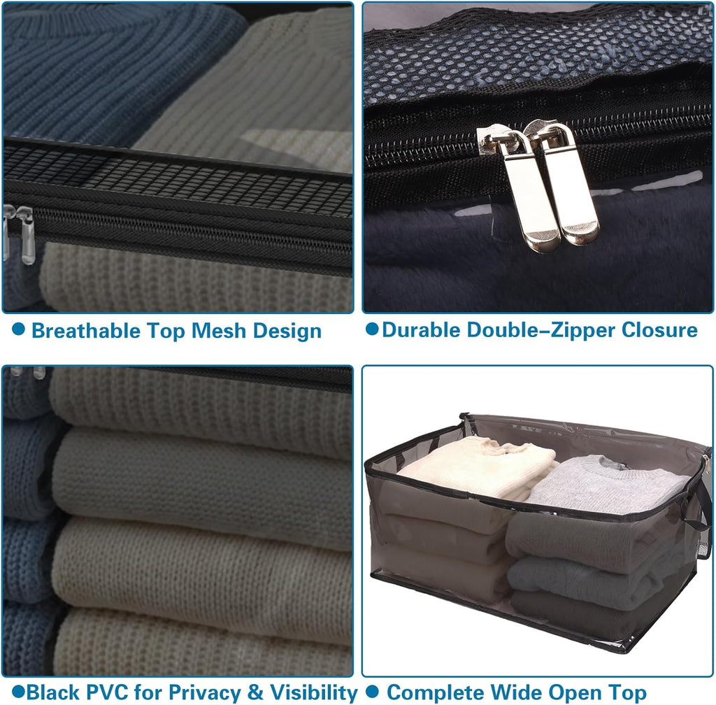 Fixwal 60L Blanket Storage Bags 4 Pack Clothes Storage Bins Foldable Thick Closet Organizers Storage Containers with Reinforced Handle for Clothing, Blanket, Comforters, Pillows(Black,PVC)