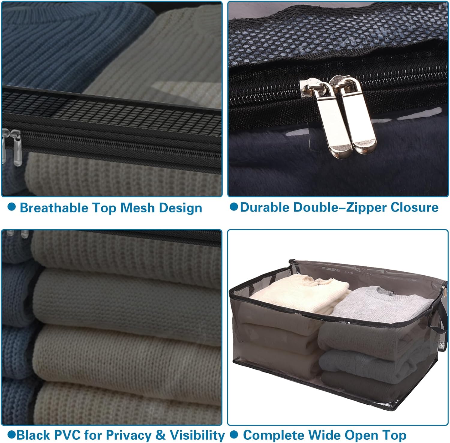 Fixwal 60L Blanket Storage Bags 4 Pack Clothes Storage Bins Foldable Thick Closet Organizers Storage Containers with Reinforced Handle for Clothing, Blanket, Comforters, Pillows(Black,PVC)
