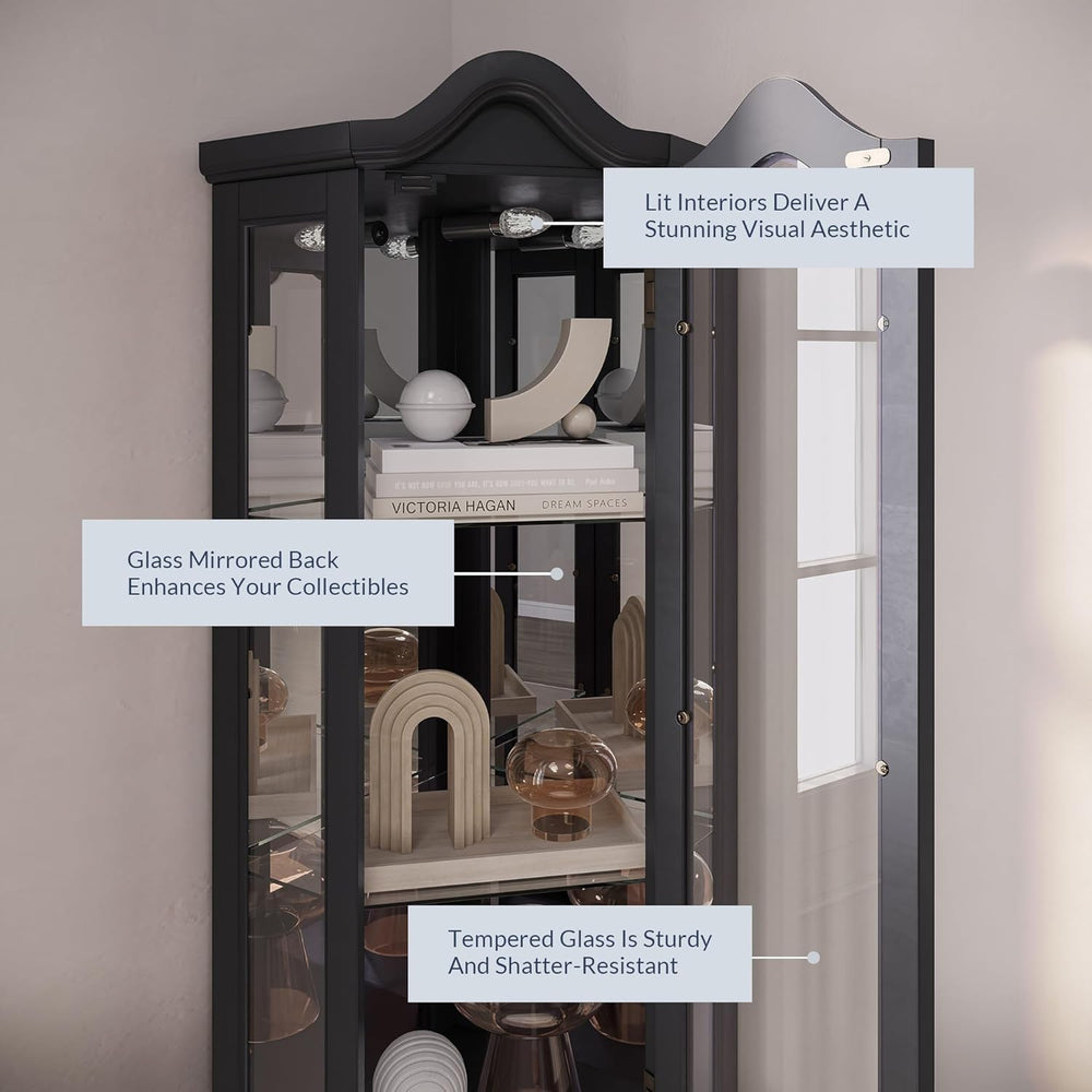 BELLEZE Lighted 3-Side Glass Display Curio Cabinet w/Tempered Glass Doors and...