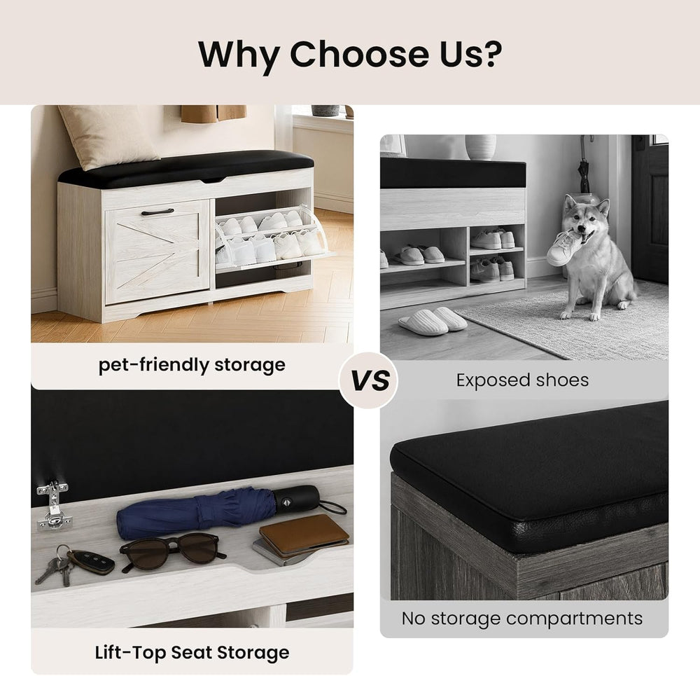 39" Shoe Storage Bench with Seat Cushion, Wood, Ash White | 8-Pair Shoe ...