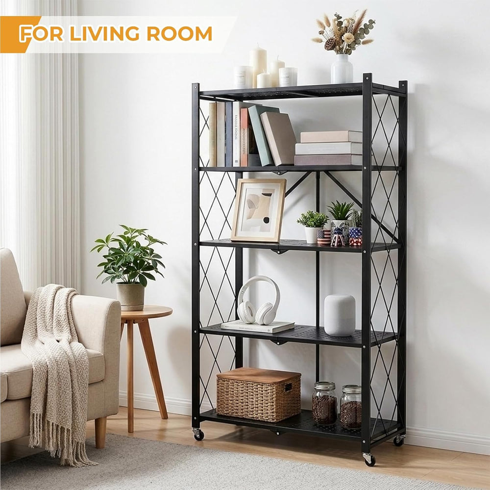 COKIHOM 5 Tier Foldable Storage Shelf with Wheels, Heavy Duty Metal Rolling S...