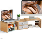 TEAMIX 42 inch Dual Monitor Stand Riser with 2 Drawers- Length and Angle Adjustable 3 Shelf Riser with Storage Desk Organizer Computer Monitor Stand for 2 Monitors/Laptop/PC,Screen/TV Stand Riser