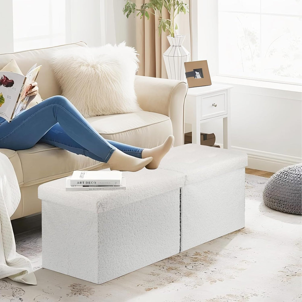 Storage Ottoman Bench, 34" Teddy Velvet Folding Foot Rest, White | Large...