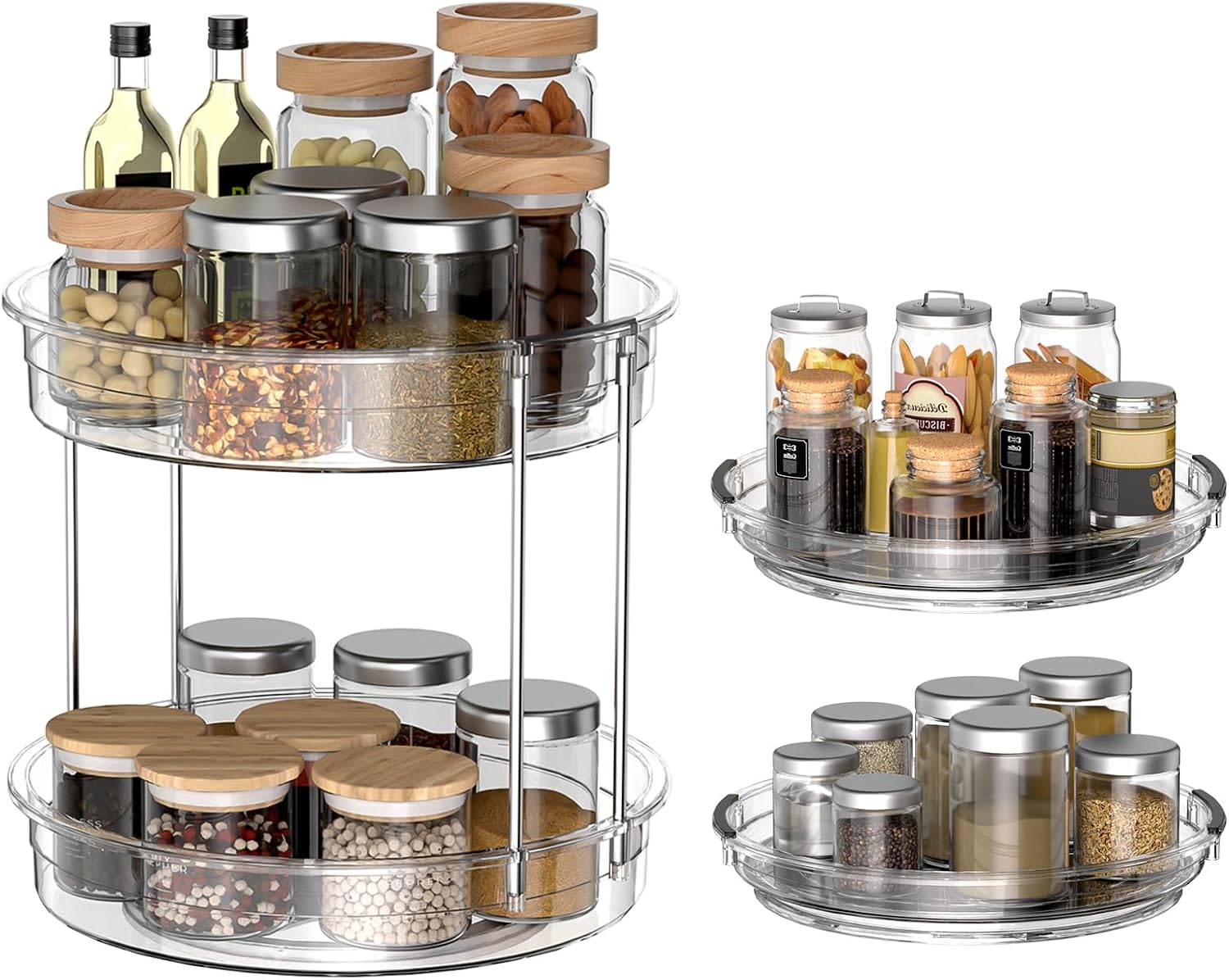 INCOSTAR 3 Pack Clear Lazy Susan Turntable 9'' & 11.8'' for Cabinet | Two-Tier Spinning Organizer, Space-Saving Pantry Storage Rack, Clear Durable Plastic, Makeup & Bathroom