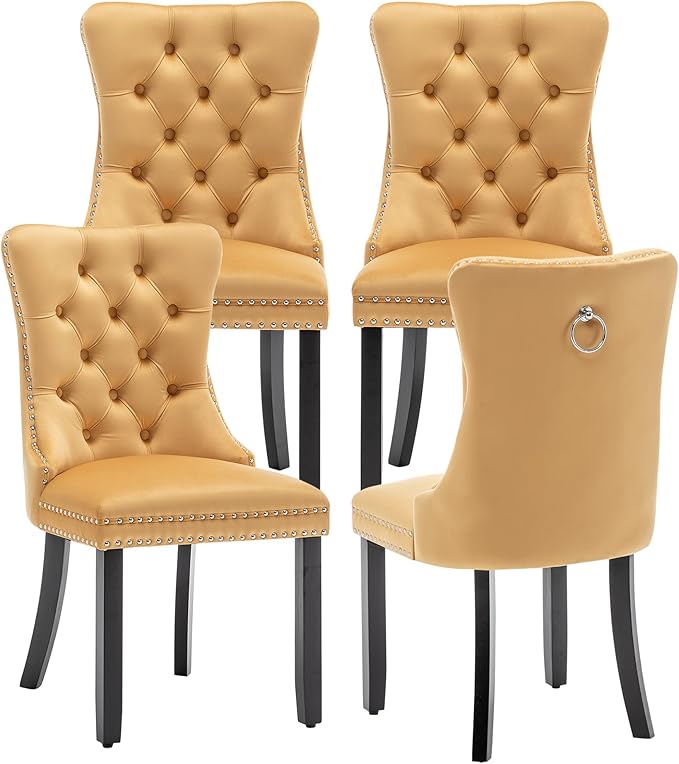 Kiztir Velvet Dining Chairs Set of 4, Upholstered Dining Chairs with Ring Pull Trim and Button Back, Luxury Tufted Dining Chair for Living Room, Bedroom, Kitchen (Gold)