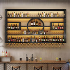 55.1in Large Wall Mounted Wine Rack, Modern Metal Wine Bottle and Glass Holder, 4-Tiers Liquor Bottles Floating Shelves Display Storage for Home Bar & Dining Room Decorative (Black, 55.1 * 8 * 51INCH)