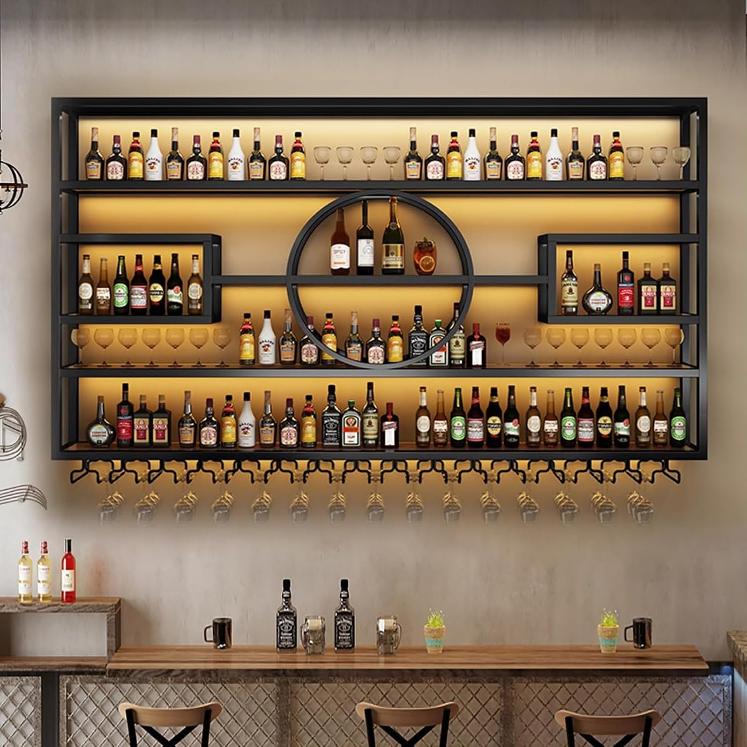 55.1in Large Wall Mounted Wine Rack, Modern Metal Wine Bottle and Glass Holder, 4-Tiers Liquor Bottles Floating Shelves Display Storage for Home Bar & Dining Room Decorative (Black, 55.1 * 8 * 51INCH)