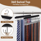 2 Pack Tie Rack and Belt Hanger 40 Hooks 360 Swivel Foldable Wooden Closet Rod Organizer Space Saving for Ties Belts Hats Bras Tank Tops Black