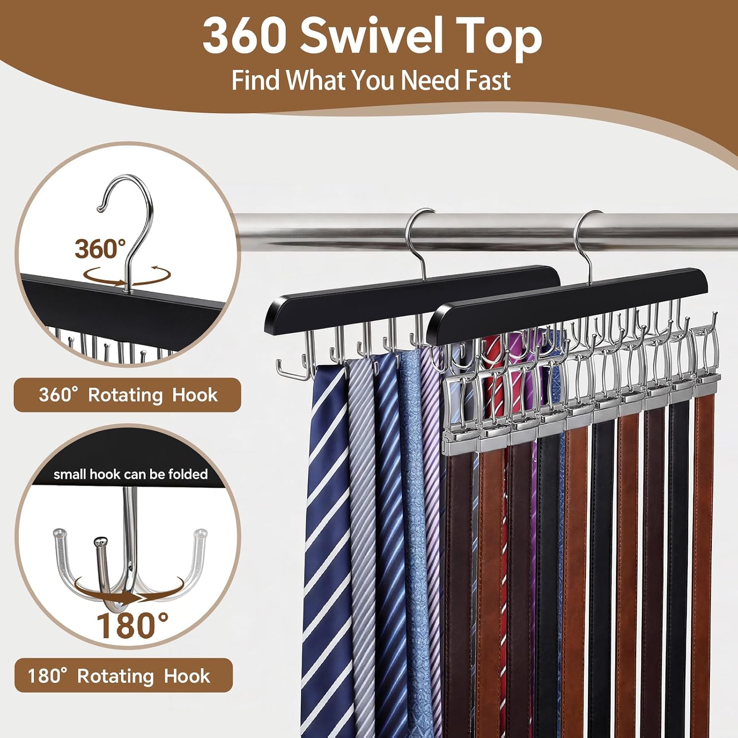 2 Pack Tie Rack and Belt Hanger 40 Hooks 360 Swivel Foldable Wooden Closet Rod Organizer Space Saving for Ties Belts Hats Bras Tank Tops Black