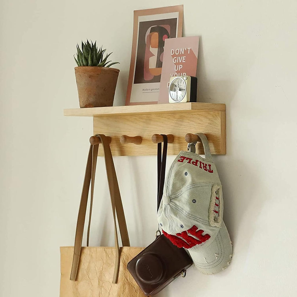Entrance Coat Rack ，Coat Hooks, Wall-Mounted Wooden Hook Rack, Wall-Mounted Shelves are Very Suitable (Oak Colored Finish-1)