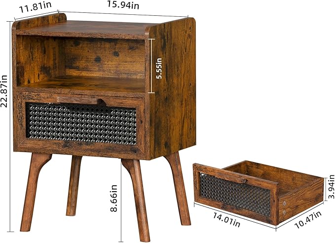 Lerliuo Rattan Nightstands Set of 2, Boho Side Table with Drawer Open Shelf, ...