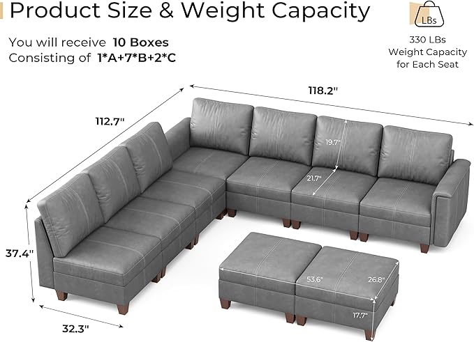 SITJOY 118" Faux Leather Modular Sectional Sofa with Storage, Mid Century Modern Sectional Couches for Living Room, Soft Padded Armrests, 9 Seat L Shaped Couch with Ottoman, Gray