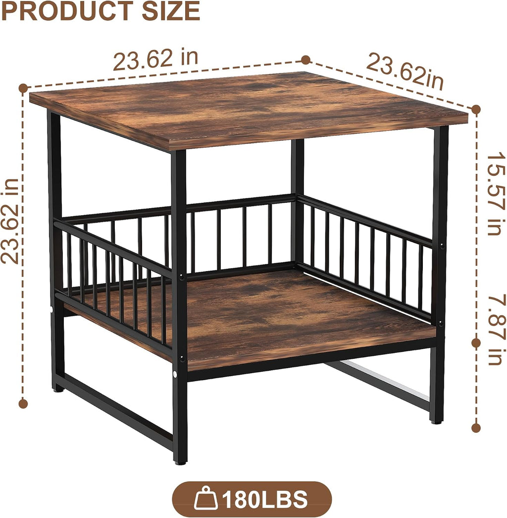 DHMAKER End Table, Industrial Side Table with 2-Tire Storage Shelf, 180LBS Mini Fridge Stand with Adjustable Feet, 24"x24" Wood Night Stand Small Bedside Table for Living Room Bedroom, Brown