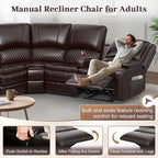Manual Reclining Sectional Sofa Set, 4 Seats Soft Leather Recliner Corner Sectional Couch, Family-Sized L-Shaped Recliner Couch with USB Charging, Thickened Padding, Sturdy Frame, Brown