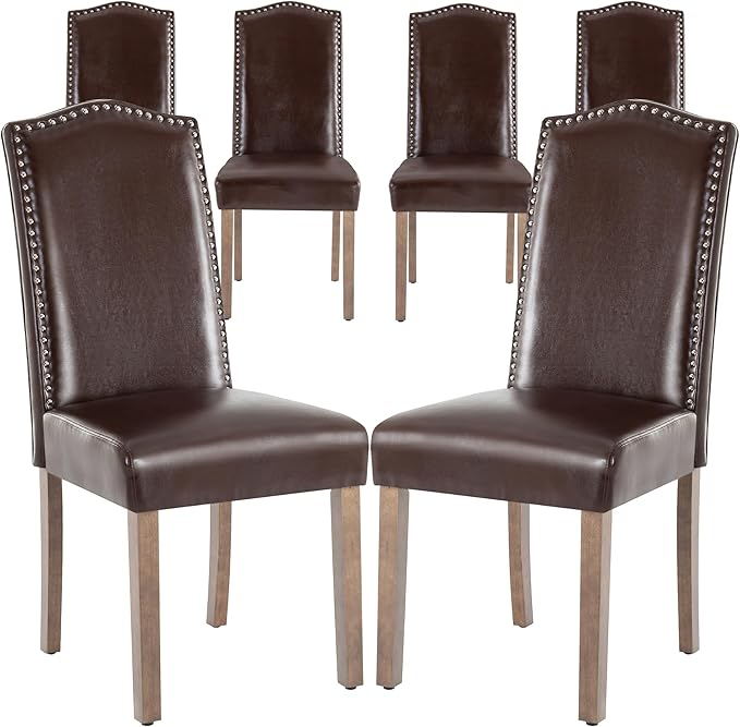 Upholstered Dining Chair Modern Stylish Parsons Kitchen Diner High Back with Silver Nailhead Trim & Wood Legs, Set of 6, PU Leather Dark Brown