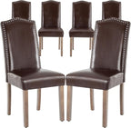 Upholstered Dining Chair Modern Stylish Parsons Kitchen Diner High Back with Silver Nailhead Trim & Wood Legs, Set of 6, PU Leather Dark Brown