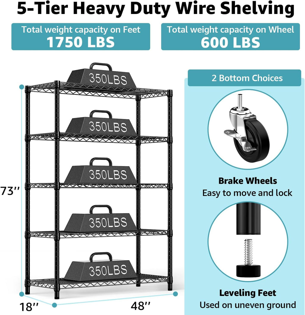 5-Shelf Storage Shelves,Wire Shelving Heavy Duty Metal Storage Shelving Unit Adjustable Garage Shelving Rack Pantry Kitchen (Black, 5 Tier,17.7" D x 47.2" W x 76.7" H)
