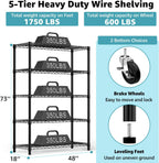5-Shelf Storage Shelves,Wire Shelving Heavy Duty Metal Storage Shelving Unit Adjustable Garage Shelving Rack Pantry Kitchen (Black, 5 Tier,17.7" D x 47.2" W x 76.7" H)