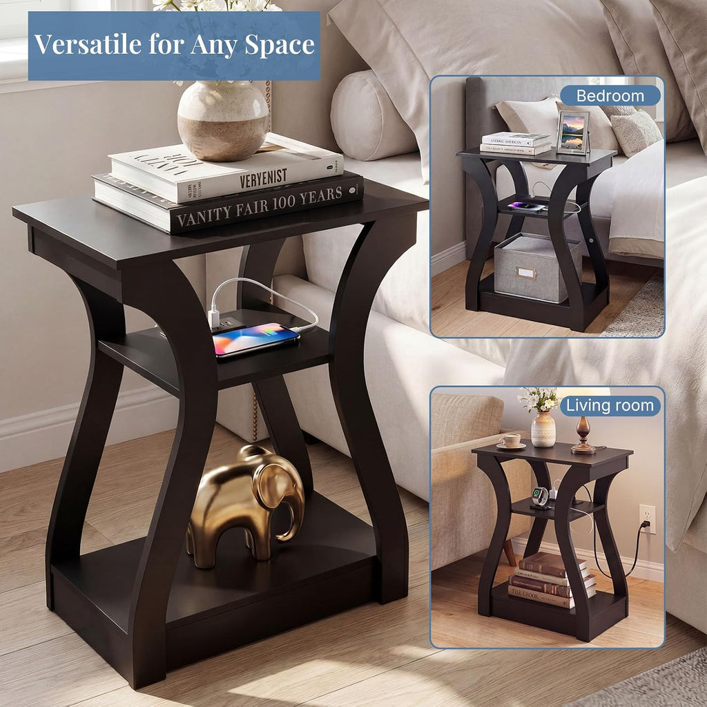 OLIXIS 3 Tier End Table with Charging Station, Modern Curved Nightstand Side Table with USB, Type-C Port & AC Outlets, Storage Shelf Cabinet for Living Room Bedroom Home Decor, Black