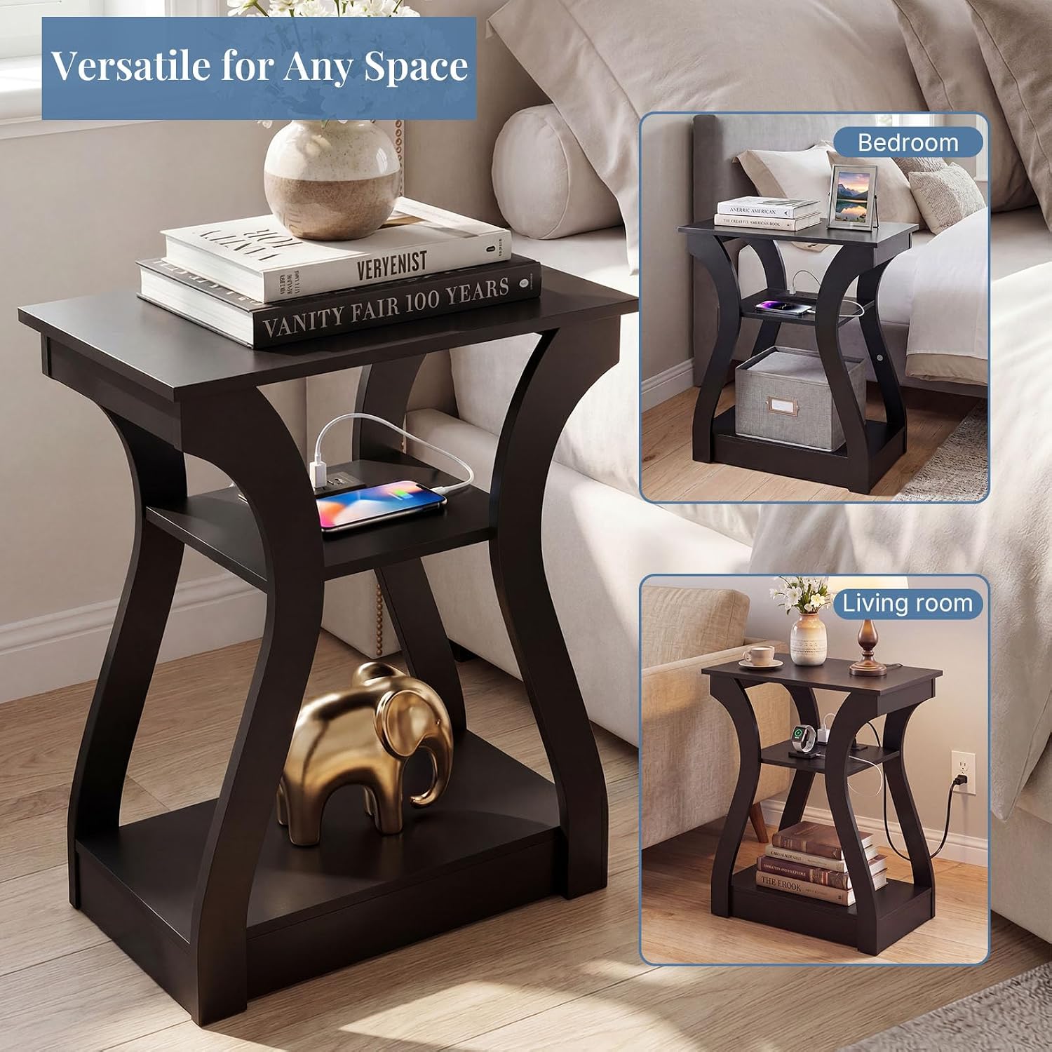 OLIXIS 3 Tier End Table with Charging Station, Modern Curved Nightstand Side Table with USB, Type-C Port & AC Outlets, Storage Shelf Cabinet for Living Room Bedroom Home Decor, Black