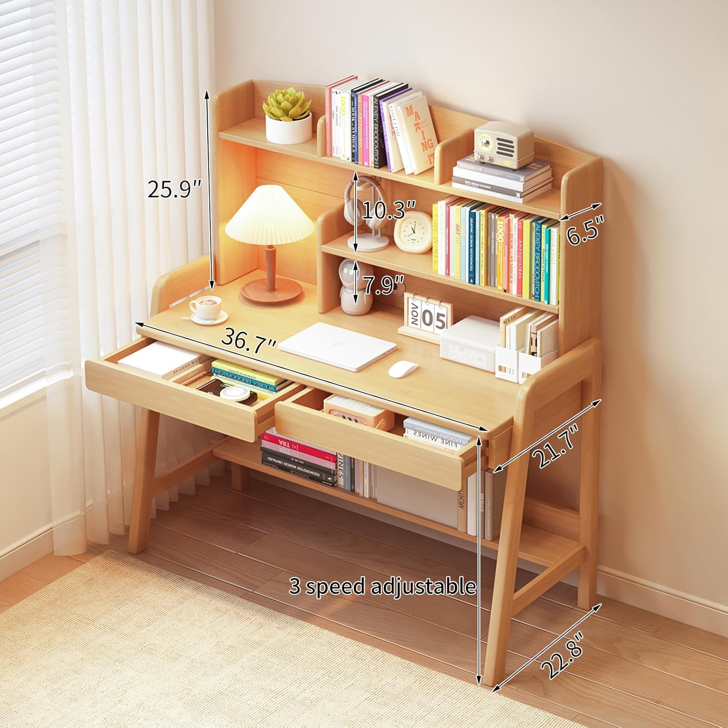 Adjustable Kids Study Desk with Hutch, Solid Wood Legs Children's Writing Table with Storage Shelf & Drawers, Wooden Student Workstation for Boys Girls Bedroom, Homeschool Art & Craft Desk, Natural