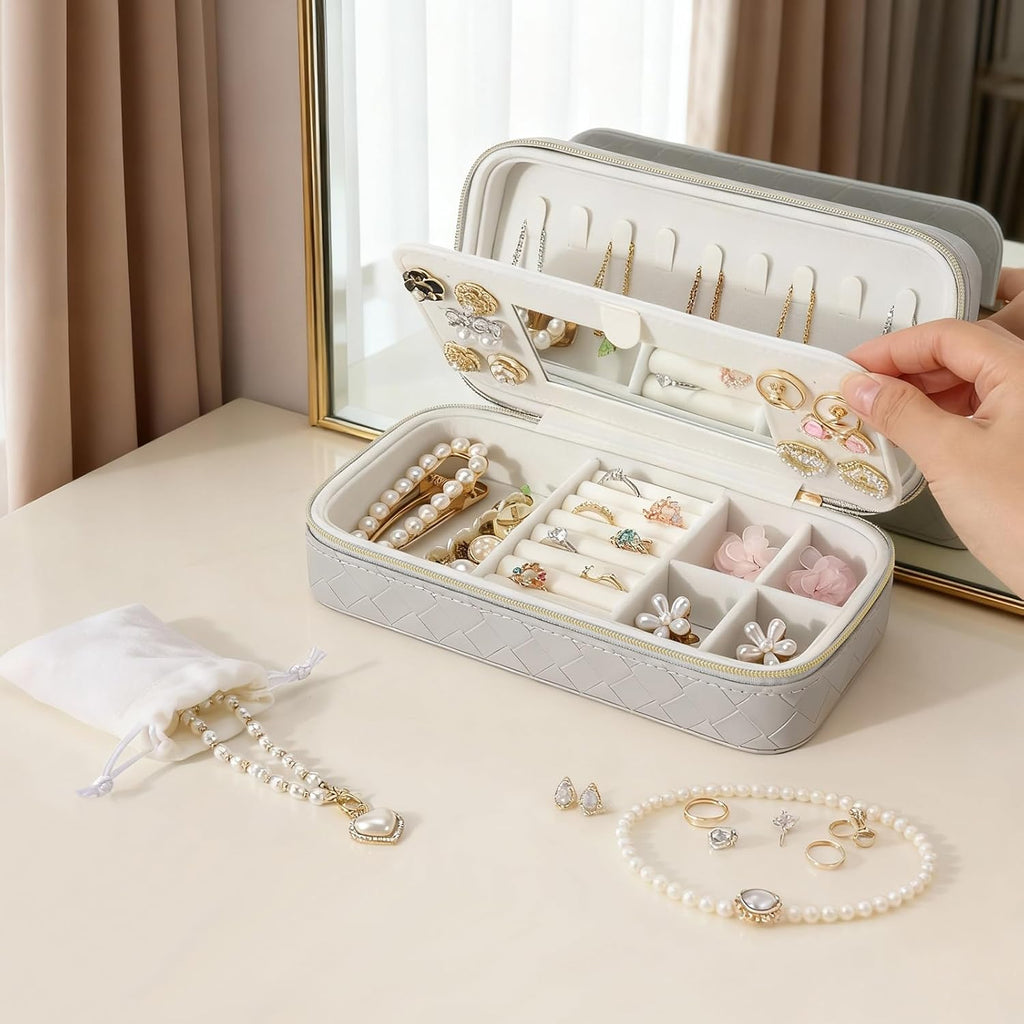 DesignSter Jewelry Organizer, Small Portable Travel Jewelry Storage for Women, Woven Embossed PU Jewelry Case with Mirror for Ring Earring Necklace Bracelet