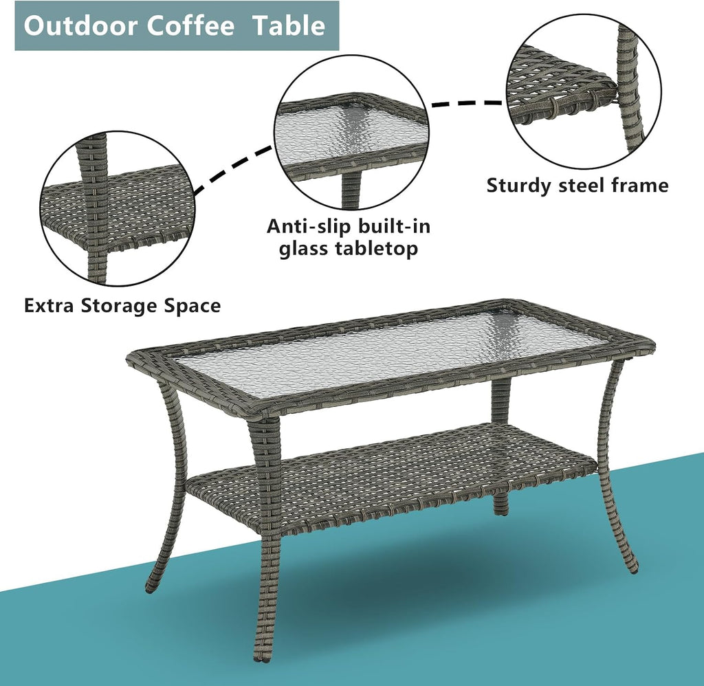 Rilyson Patio Tables Outdoor Coffee Table - Wicker Rattan Coffee Tables with 2-Tier Storage Shelf Glass Top for Outside Proch Deck Balcony Garden Rectangle Mixed Grey