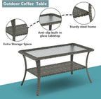 Rilyson Patio Tables Outdoor Coffee Table - Wicker Rattan Coffee Tables with 2-Tier Storage Shelf Glass Top for Outside Proch Deck Balcony Garden Rectangle Mixed Grey