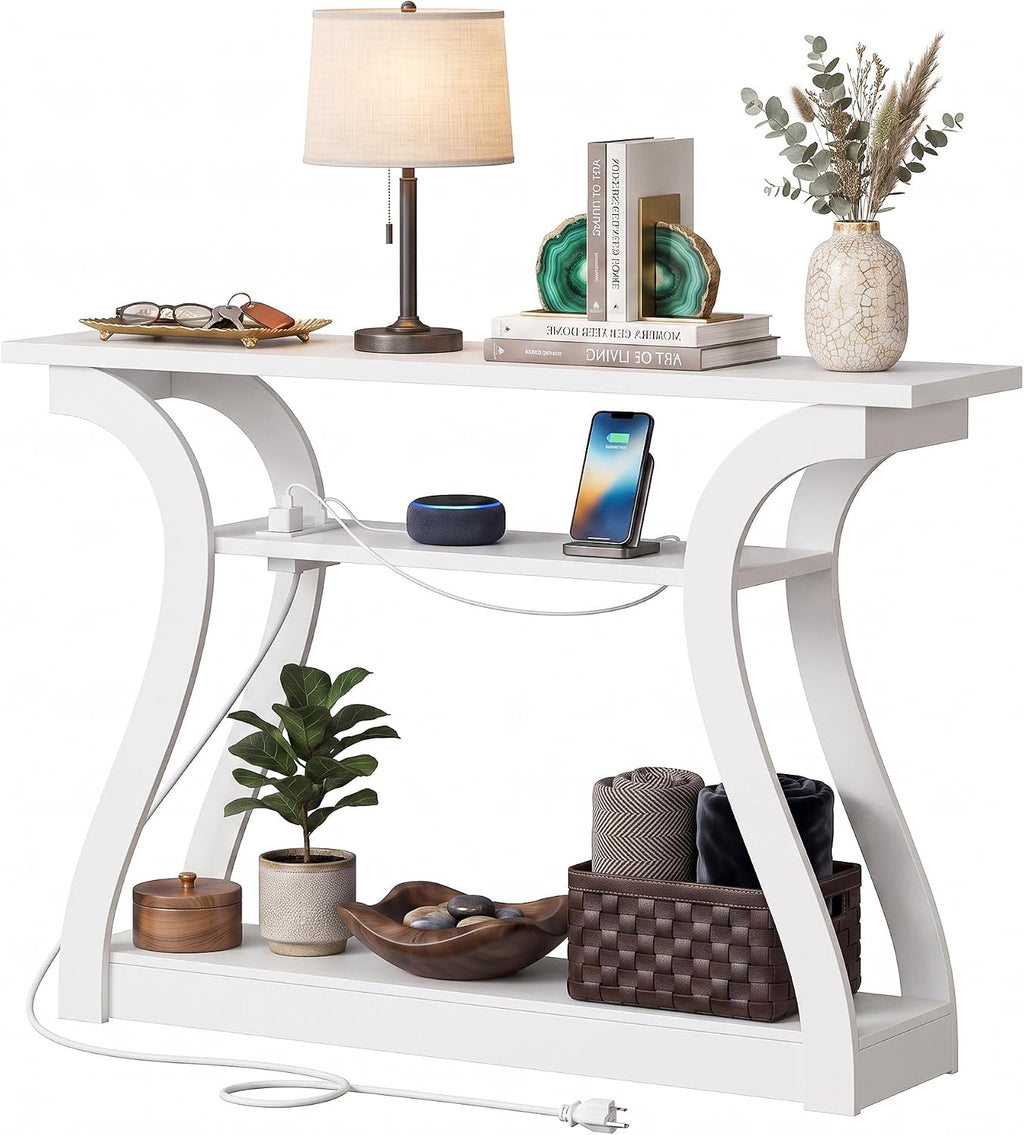 SUPER DEAL 47 in Wood Console Table with Charging Station, 3 Tier Narrow Entryway Table with Curved Frame and 2 Open Storage Shelves Accent Sofa Table for Hallway Living Room Bedroom, White