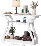 SUPER DEAL 47 in Wood Console Table with Charging Station, 3 Tier Narrow Entryway Table with Curved Frame and 2 Open Storage Shelves Accent Sofa Table for Hallway Living Room Bedroom, White