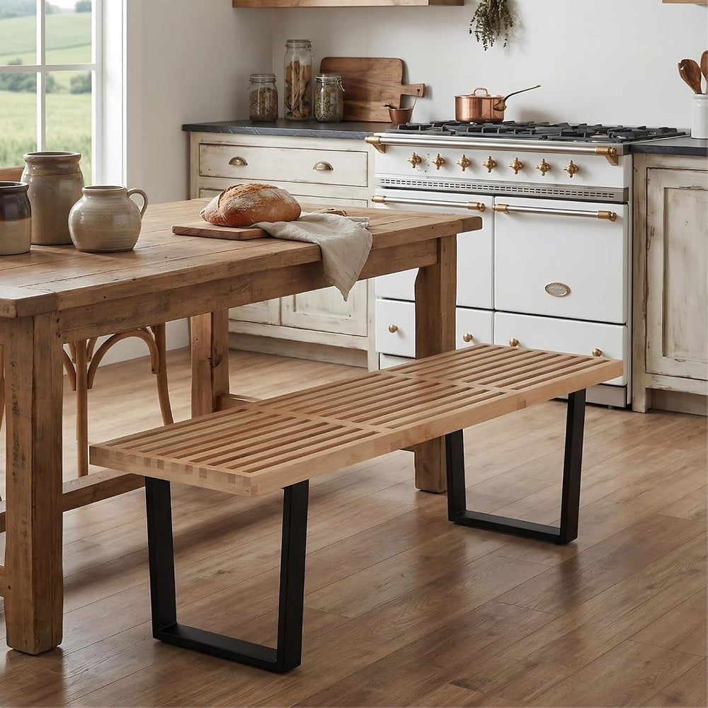HNY Modern Entryway Bench Wood Dining Bench Minimalist Nelson Bench with Meta...