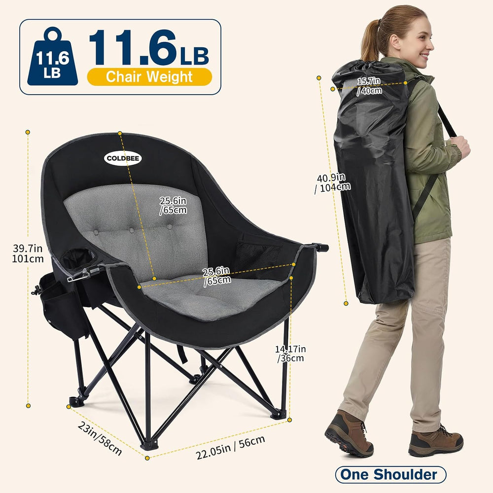 Coldbee Oversized Camping Chairs, Heavy Duty Padded, Thick Headrest, Black