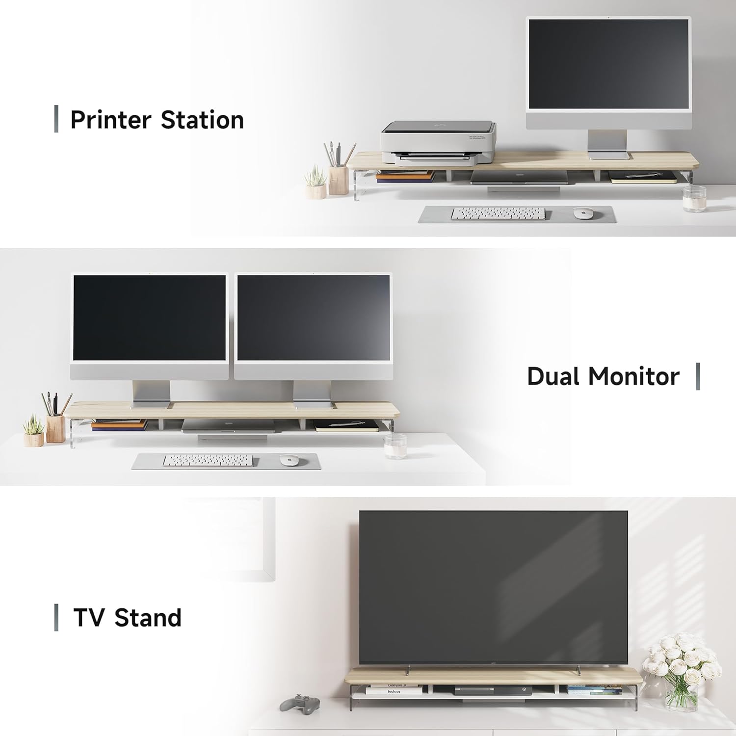 Fenge Acrylic Monitor Stand Riser, 42.5 Inches Dual Monitor Stand with Metal Storage, 2 Tier Acrylic Computer Riser for Desk, Clear Laptop Stand for PC, Laptop, Printer, TV, Oak