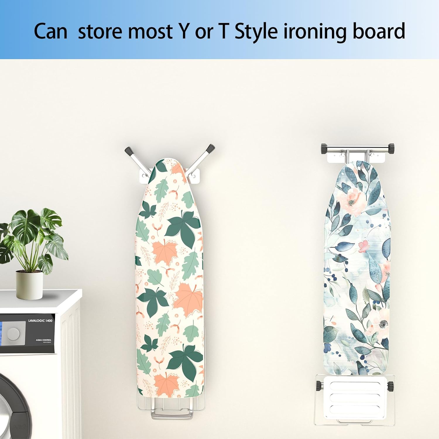 Ironing Board Holder Wall Mount, Ironing Board Hanger for Y or T Shaped, Laundry Rooms Stainless Steel Iron Board Hook with Adjustable Hooks