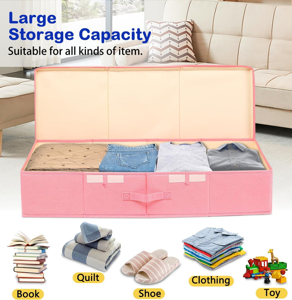 Under Bed Storage, Large Underbed Storage Containers with Lids, Foldable Clothes Storage Bins W/ Reinforced Handle for Bedroom Organization, Closet Organizers for Blanket, Shoe, Pillow -2 Pack, Pink