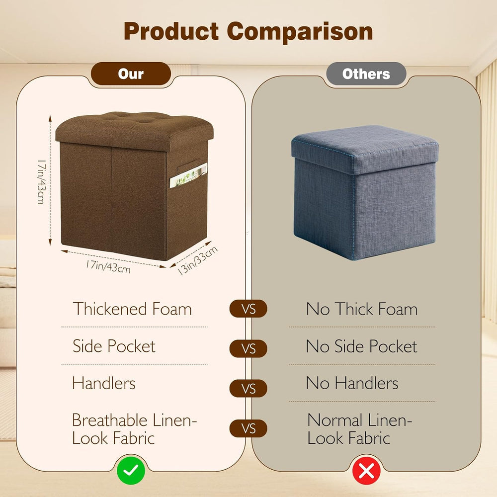 Storage Ottoman Cube, 17" High Folding Linen Foot Rest for Bedroom, Brow...