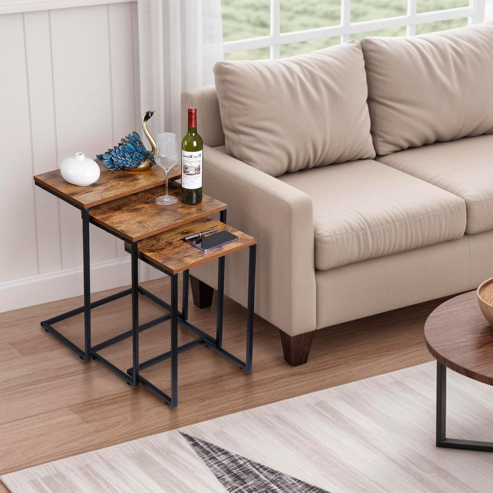 SUPER DEAL Nesting Tables Set of 3, Industrial C Shaped End Table Stackable C...
