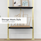 Axeman 5-Tier Ladder Bookcase, Tall Narrow Bookshelf for Small Spaces, Modern Book Storage Organizer Case Open Shelves for Bedroom, Living Room, Office, Library, Gold Metal Frame and Blakc Shelf