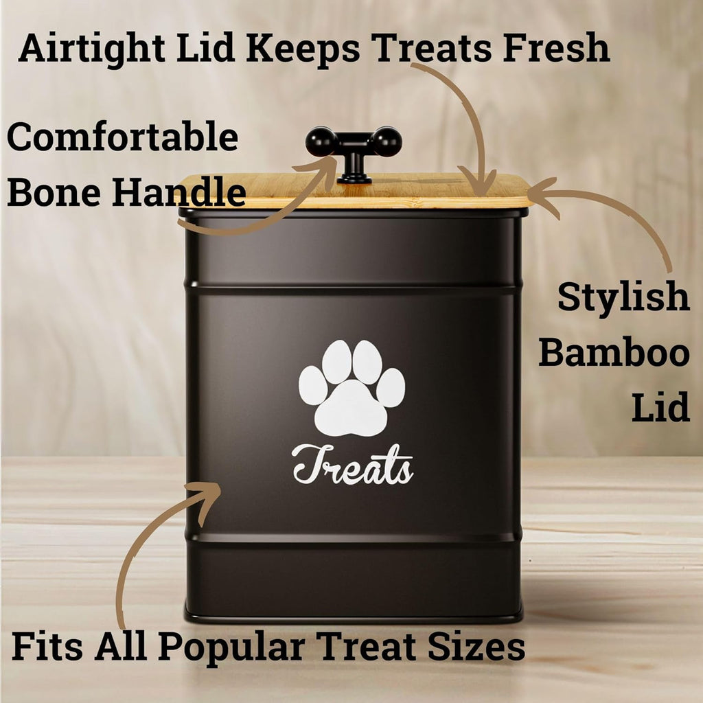 Dog Treat Container Airtight - 6 Inch Wide x 8 Inch Tall Iron Dog Treat Jar for Kitchen Counter with Airtight Bamboo Lid - 12 Cup Capacity Pet Treat Container - Doggie Cookie Jar - Big Treats Canister