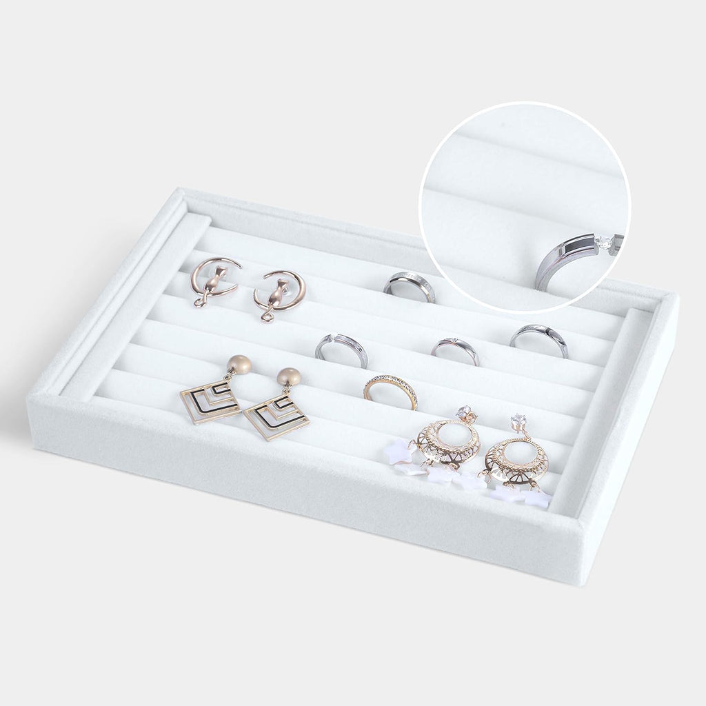 Valyria Velvet 7 Slots Ring Earrings Trays Showcase Display Jewelry Organizer (White)