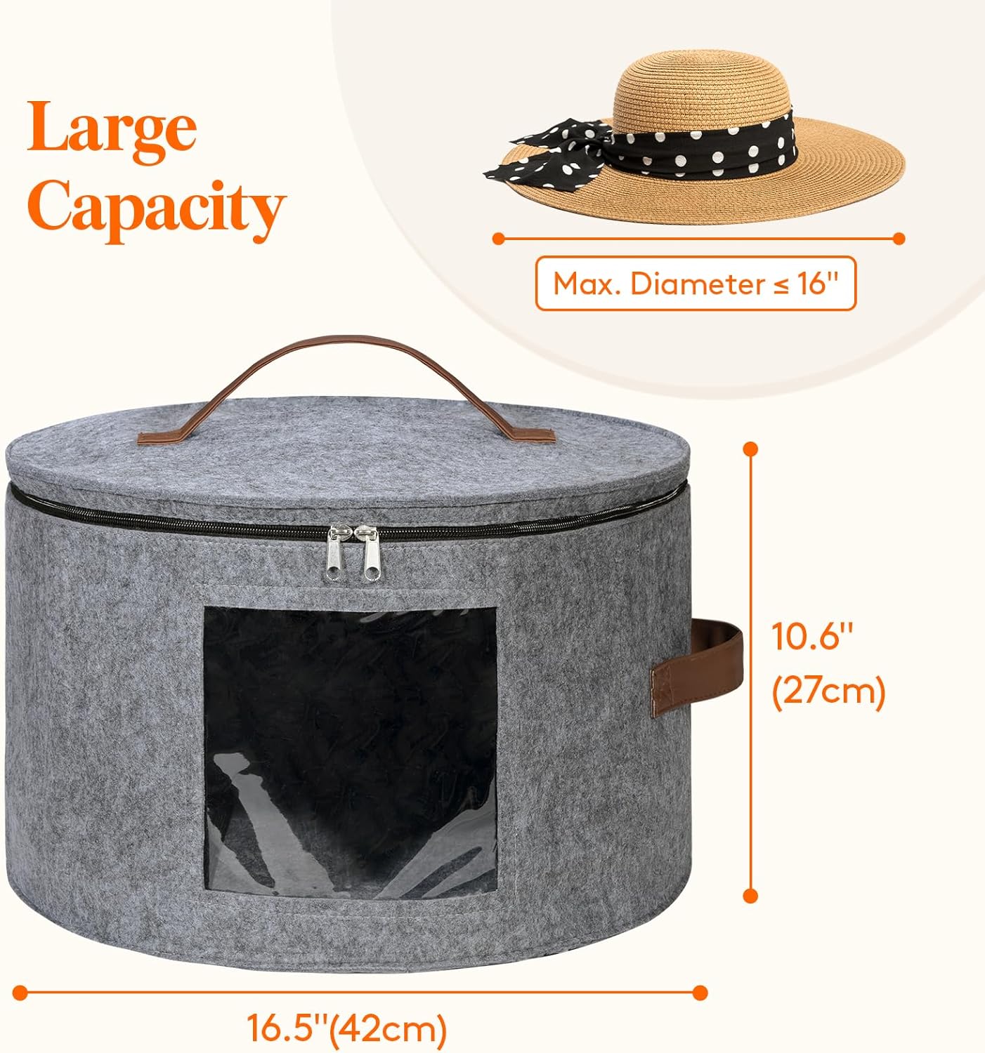 Lifewit Round Cowboy Hat Box for 7 Caps, Large Felt Hat Organizer Bag for Men & Women Storage, Baseball Cap Container with Dustproof Lid for Travel, Foldable 16.5" D x 10.6" H Carrier, Gray