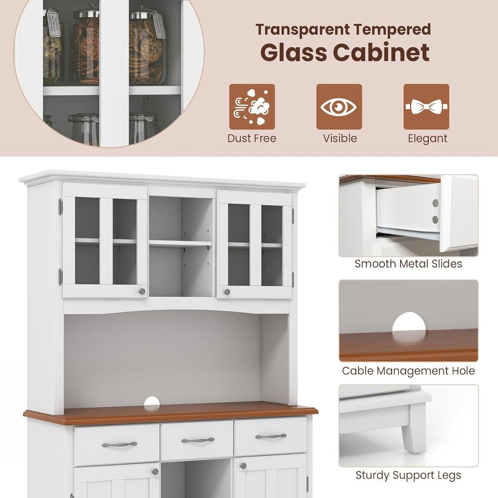 Moccha Kitchen Hutch with Storage, Farmhouse Buffet Cabinet Cupboard with Gla...
