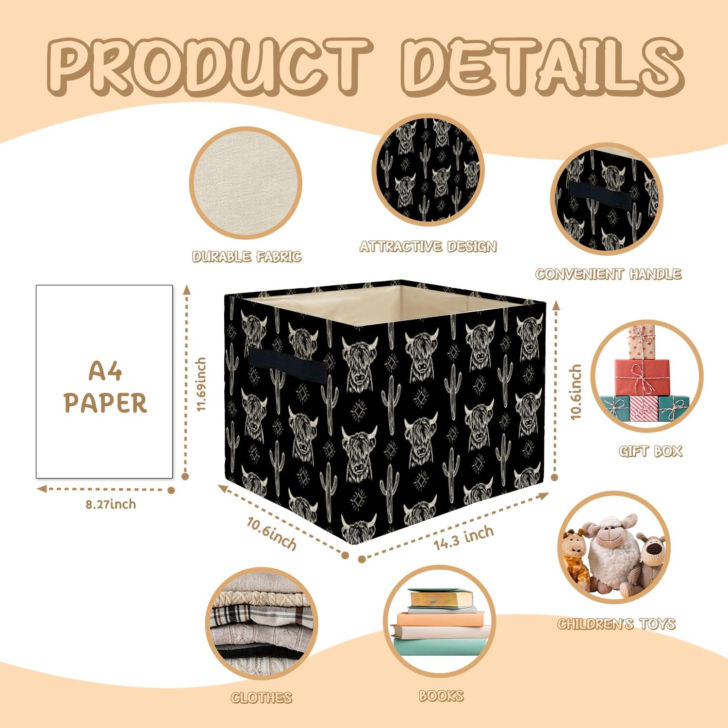 Highland Cow Western Storage Bins Box, Toybox for Boys Girls, Vintage Western Cactus Cow Foldable Storage Baskets Organizer for Bedroom Bathroom Kids Room Dorm Clothes Toys Books