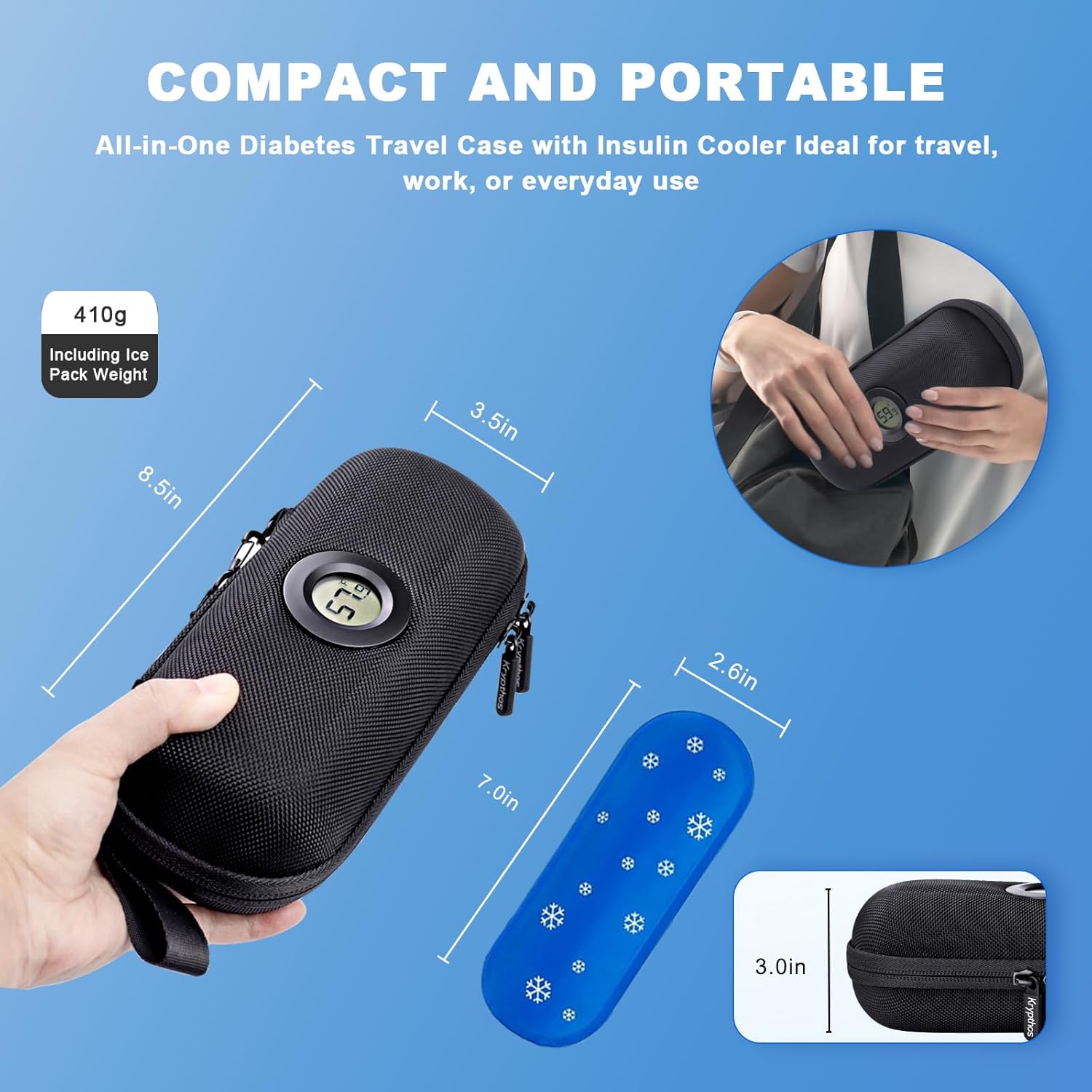 Krypthos Insulin Cooler Travel Case with Thermometer Temperature Display for Diabetic Care Storage, Refrigerated Medicine Organizer Bag with 2 TSA Approved Medication Cooler Ice Pack for Daily Trip