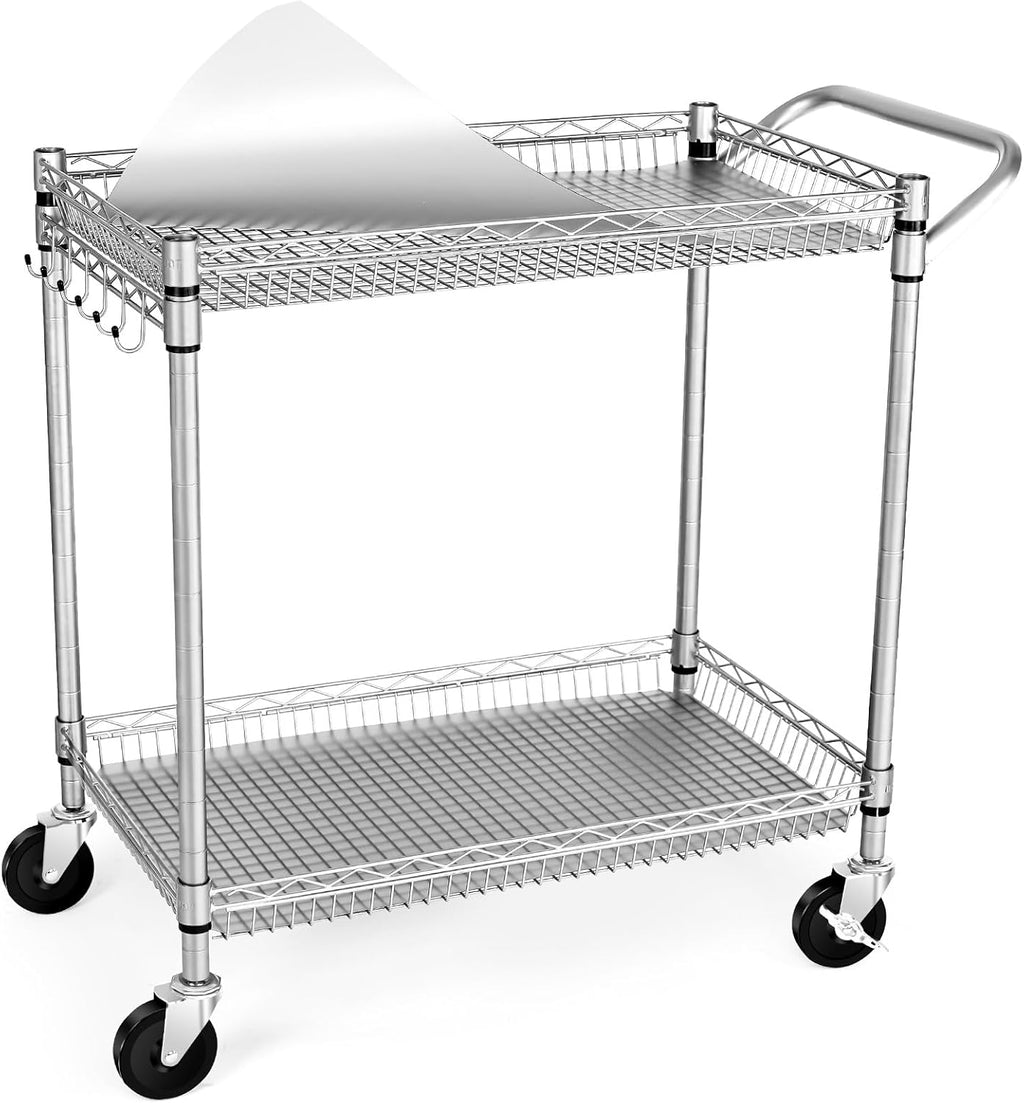 WDT 2 Tier Heavy Duty Utility Cart,NSF Rolling Carts with Wheels,660Lbs Capacity Storage Cart with Handle,Kitchen Carts on Wheels,Commercial Grade Metal Serving Cart with Shelves,35.63"x18.1"x 33.93"